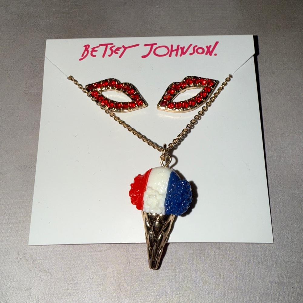 Betsey Johnson Red and Blue Ice Cream Cone Necklace and Lip Earrings set